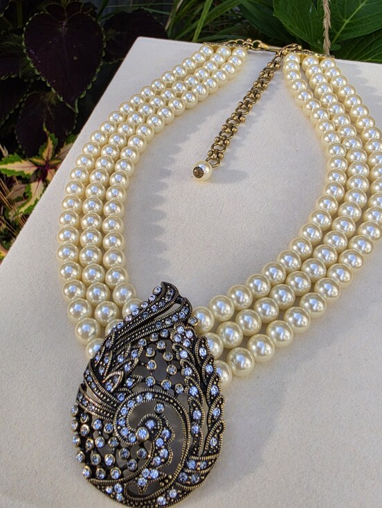 Heidi Daus Jewelry - Elegant Ivory Pearl Multi-Strand Necklace with Crystal Pave Pendant
